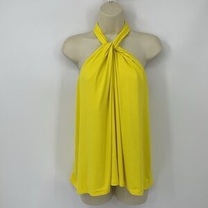 Susana Monaco high neck halter top shirt blouse knit jersey lemon neon yellow XL